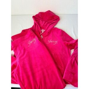 Juicy Couture Womens Vixen Pink Velour Rhinestone Tracksuit Set XL hoodie pants
